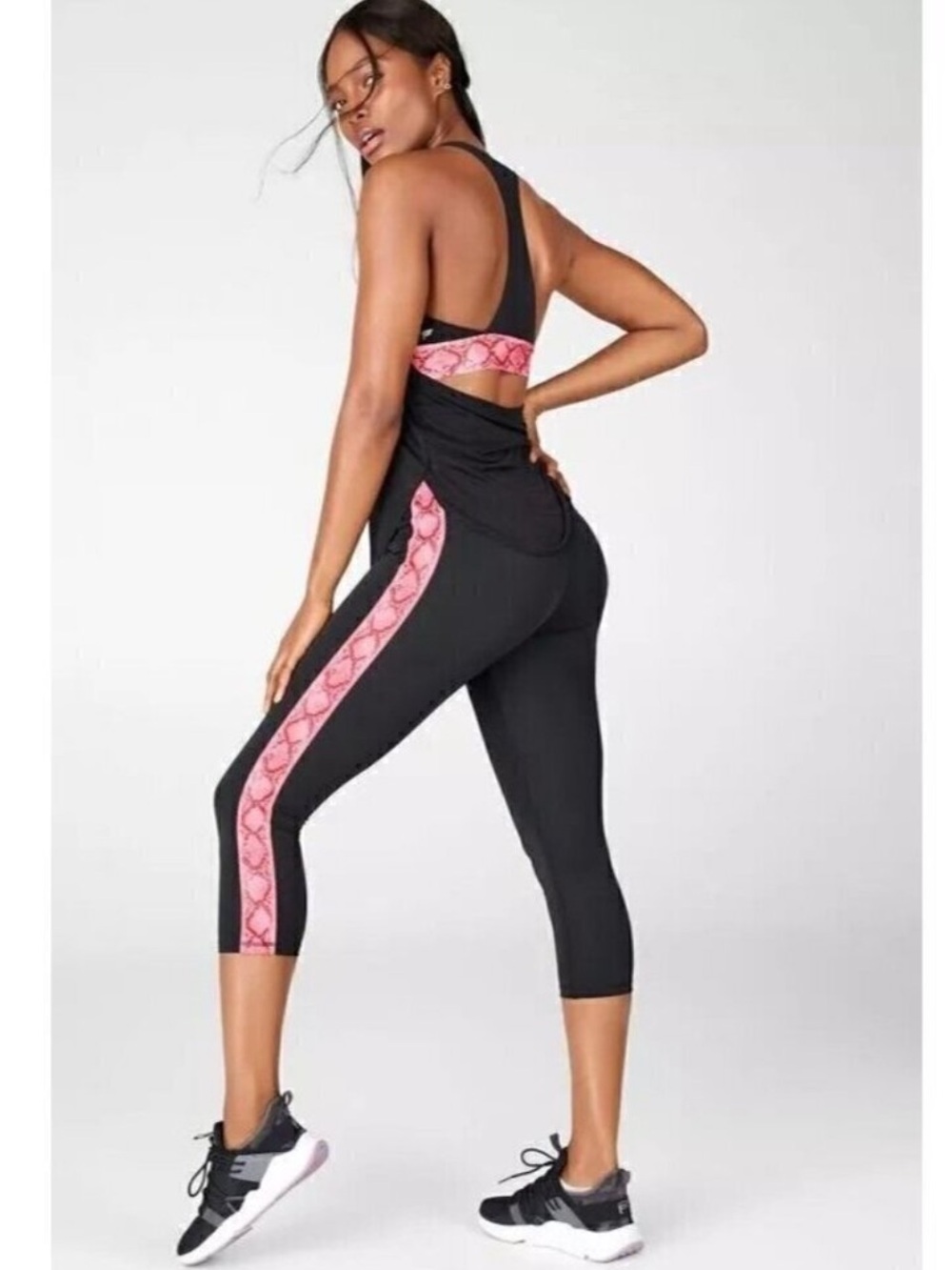 Black Athletic Leggings with Pink Snake-Print Stripe & Black Racerback Tank